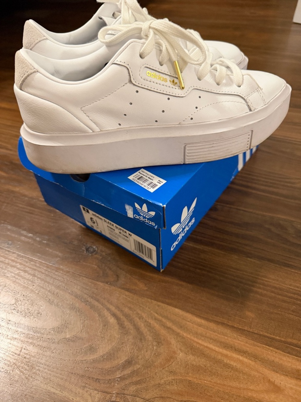 adidas SLEEK SUPER White Platform Sneakers with Gold Trim and details